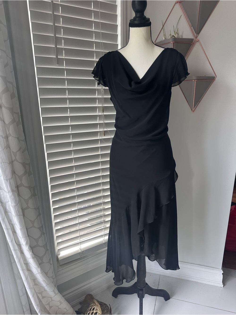 VINTAGE JESSICA 90s Black Cowl Neck Ruffle Asymmetric Hem Bias Cut Dress Size 12